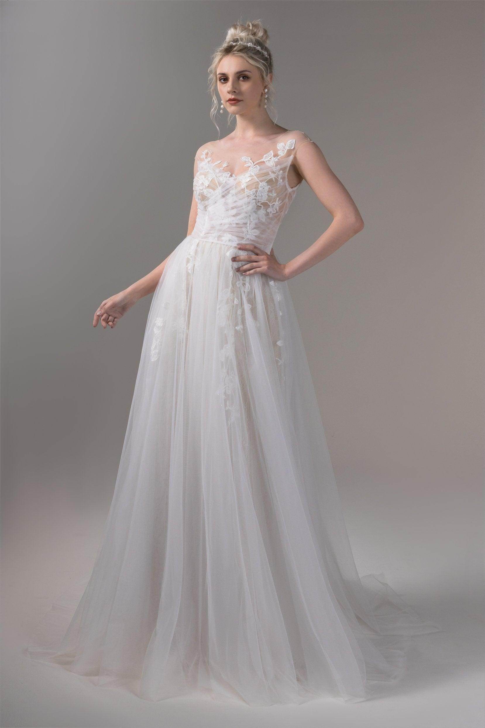 A-Line Sweep-Brush Train Lace Tulle Wedding Dress CW2653 - COCOMELODY